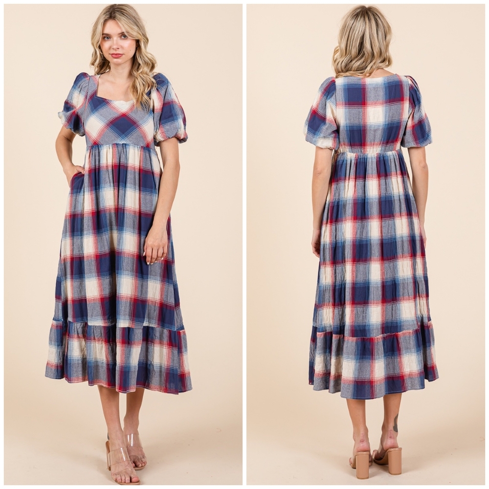 POLAGRAM Plaid Pattern Short Sleeves Midi Dress - Picture 5 of 11